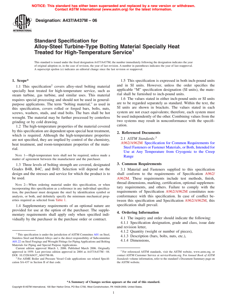 ASTM A437/A437M-06 - Standard Specification for Alloy-Steel Turbine-Type Bolting Material Specially Heat Treated for High-Temperature Service