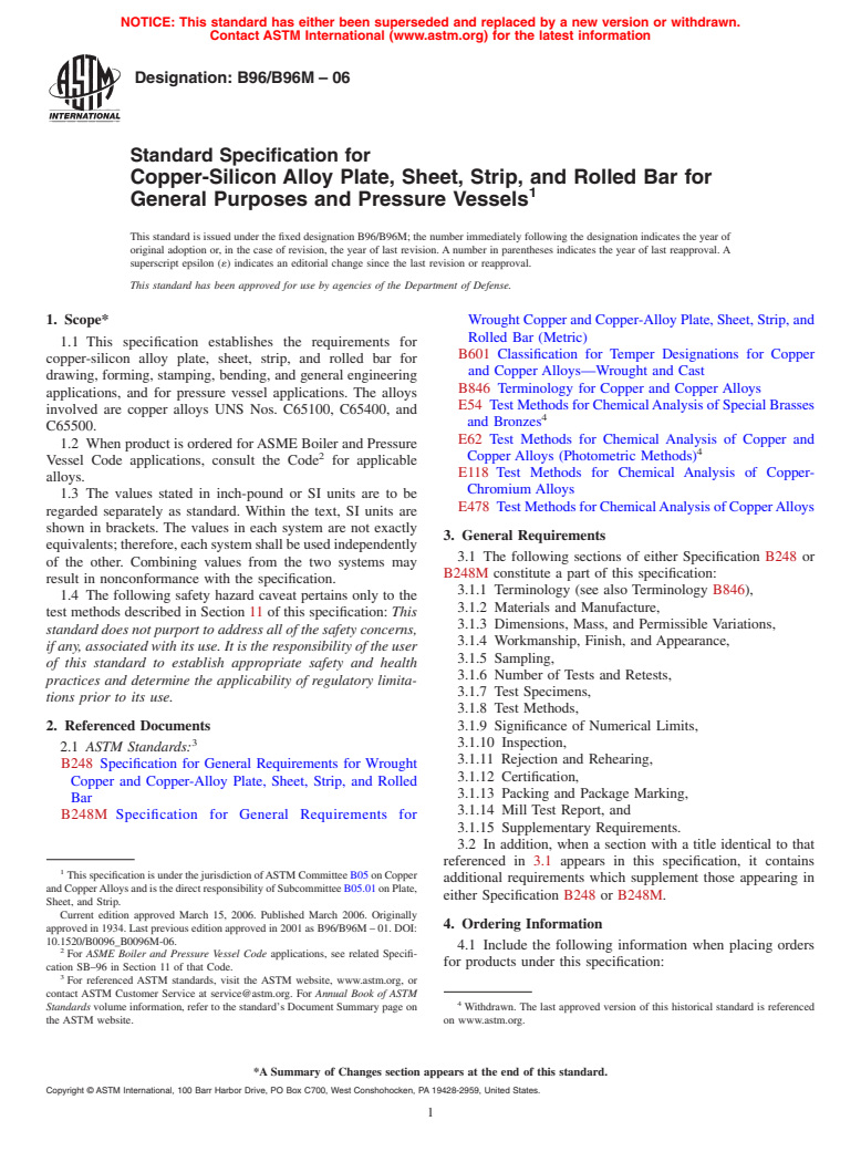ASTM B96/B96M-06 - Standard Specification for Copper-Silicon Alloy Plate, Sheet, Strip, and Rolled Bar for General Purposes and Pressure Vessels
