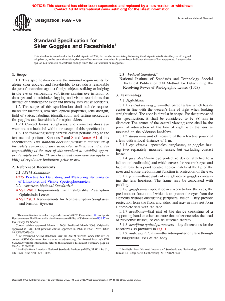 ASTM F659-06 - Standard Specification for Skier Goggles and Faceshields