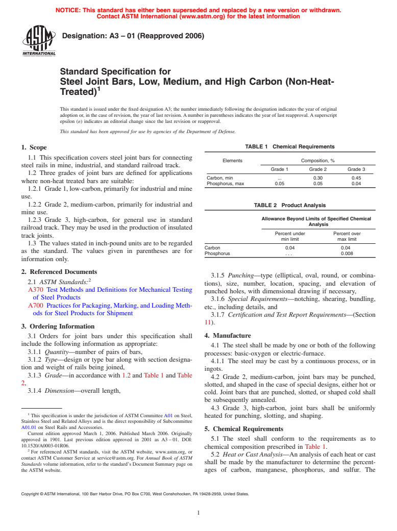 ASTM A3-01(2006) - Standard Specification for Steel Joint Bars, Low, Medium, and High Carbon (Non-Heat-Treated)