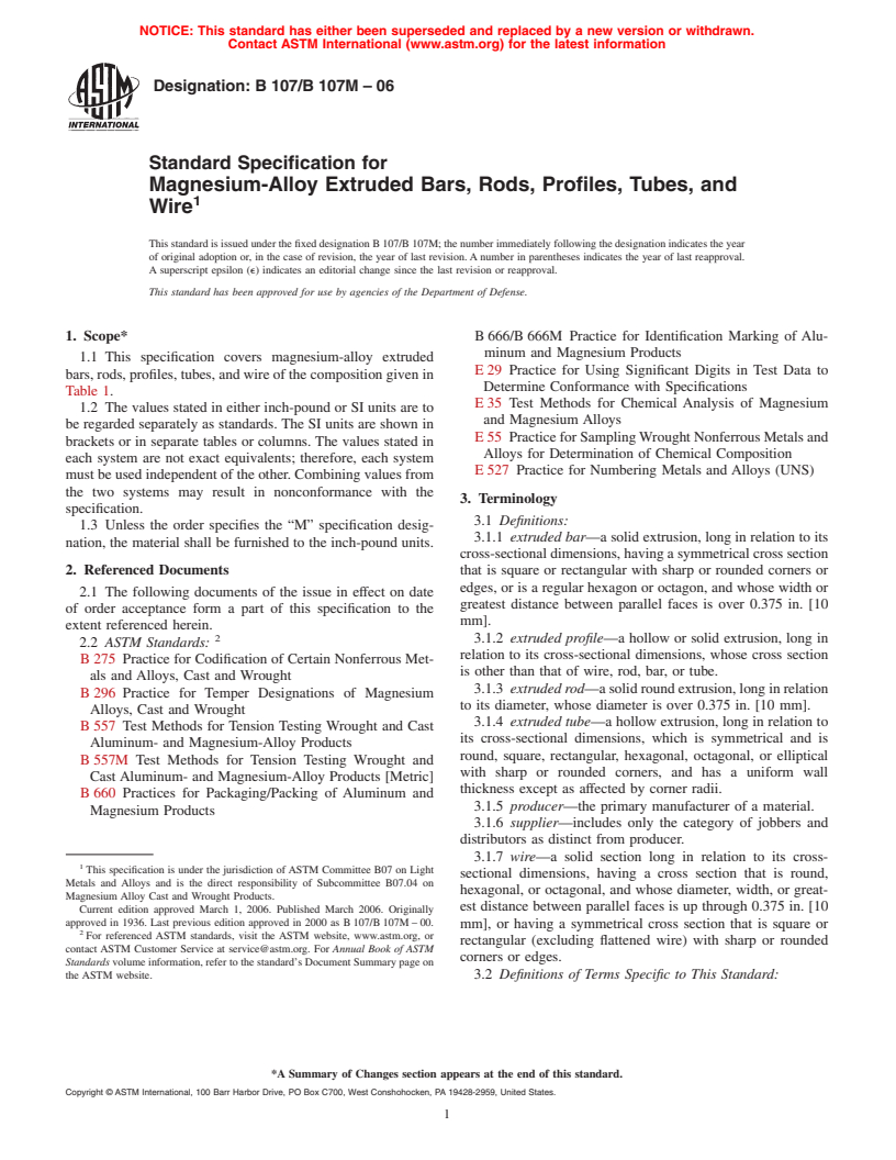 ASTM B107/B107M-06 - Standard Specification for Magnesium-Alloy Extruded Bars, Rods, Profiles, Tubes, and Wire