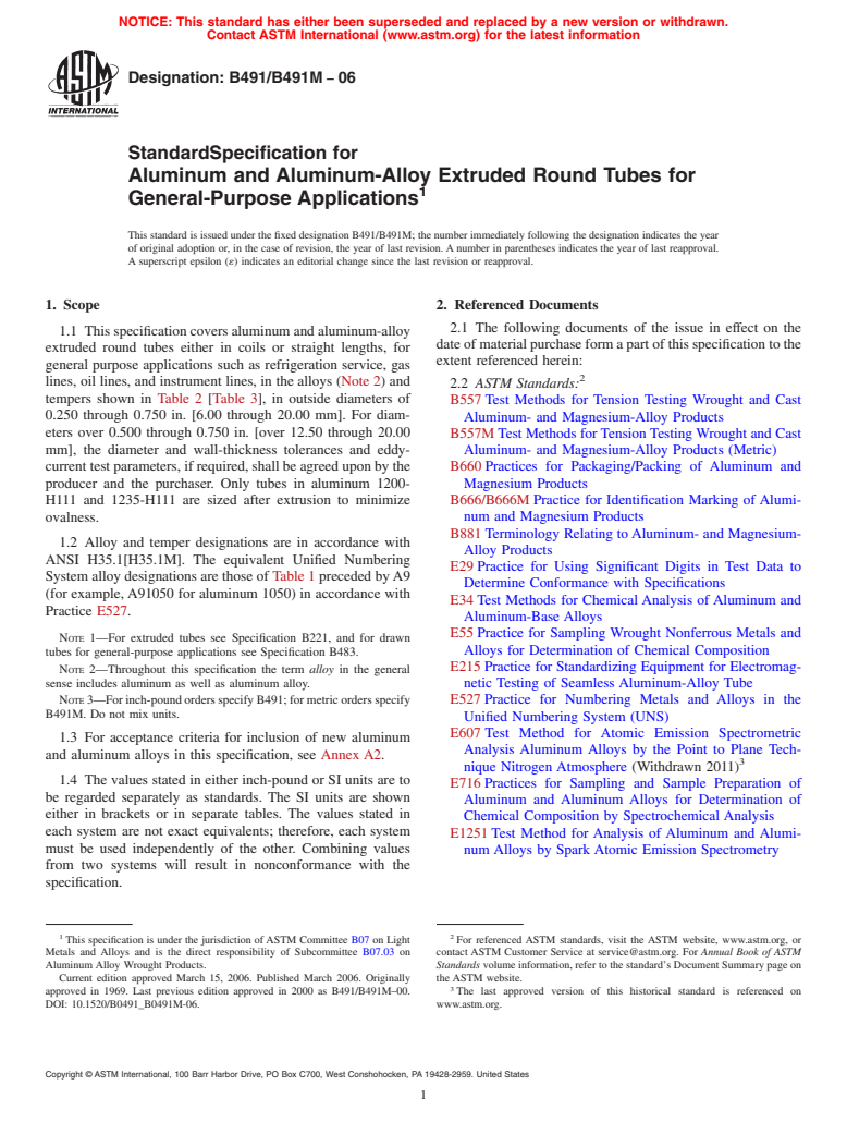 ASTM B491/B491M-06 - Standard Specification for Aluminum and Aluminum-Alloy Extruded Round Tubes for General-Purpose Applications