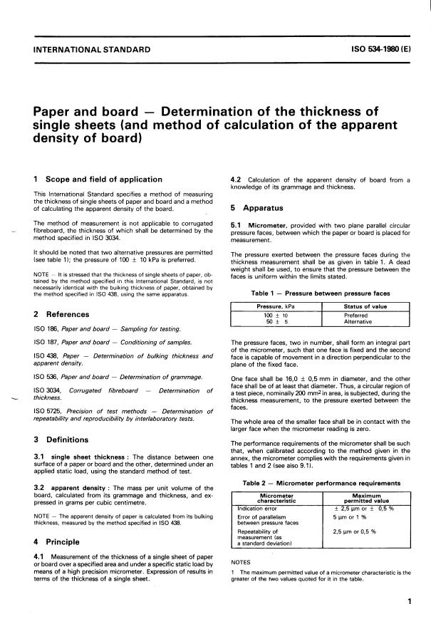 ISO 534:1980 - Paper and board -- Determination of the thickness of single sheets (and method of calculation of the apparent density of board)