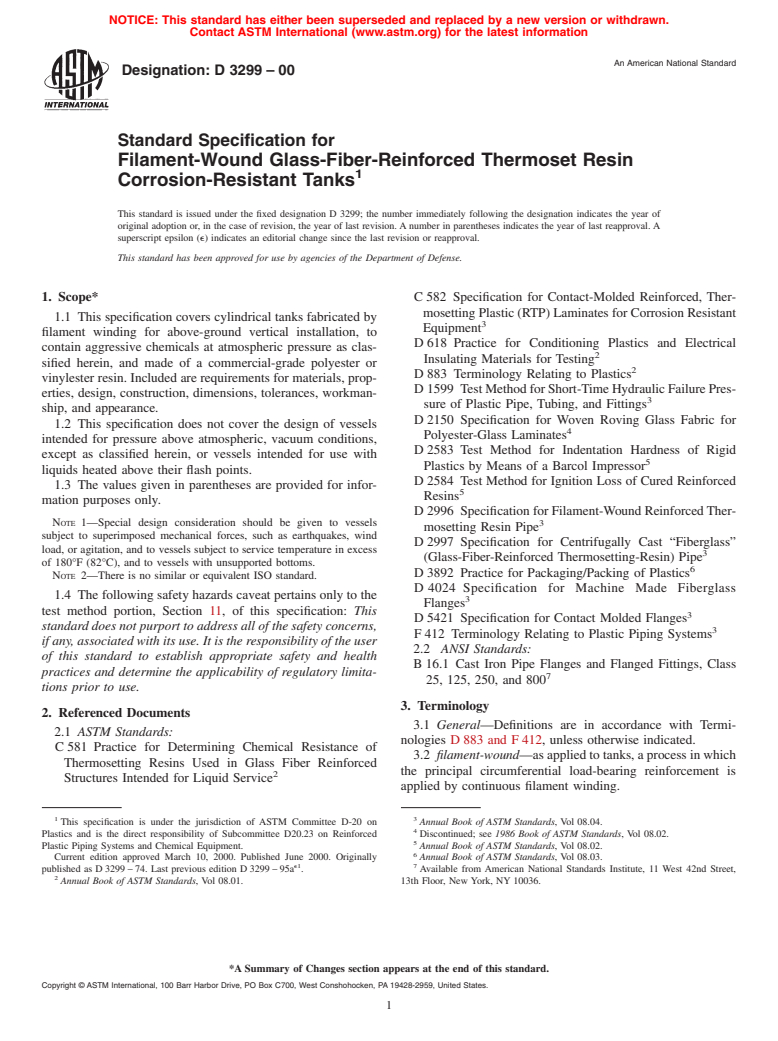 ASTM D3299-00 - Standard Specification for Filament-Wound Glass-Fiber-Reinforced Thermoset Resin Corrosion-Resistant Tanks