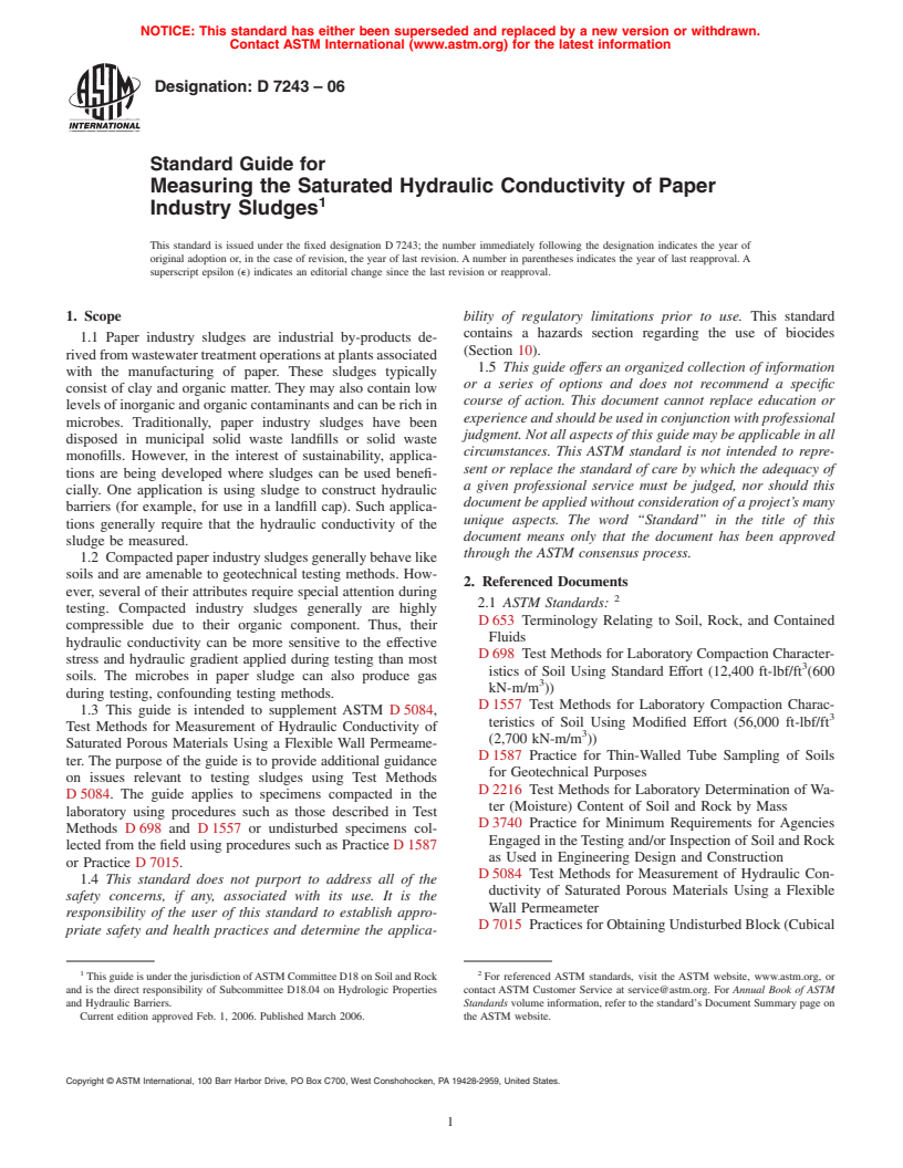 ASTM D7243-06 - Standard Guide for Measuring the Saturated Hydraulic Conductivity of Paper Industry Sludges