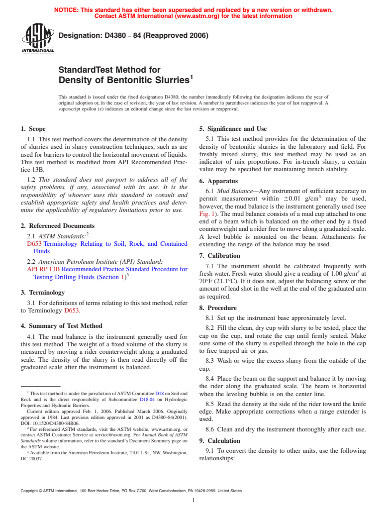 ASTM D4380-84(2006) - Standard Test Method for Density of Bentonitic Slurries