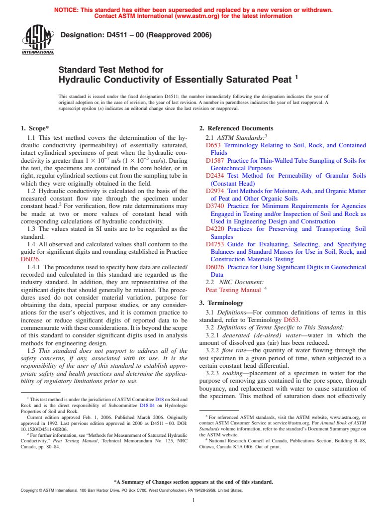 ASTM D4511-00(2006) - Standard Test Method for Hydraulic Conductivity of Essentially Saturated Peat