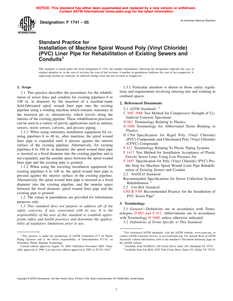 ASTM F1741-05 - Standard Practice for Installation of Machine Spiral Wound Poly (Vinyl Chloride) (PVC) Liner Pipe for Rehabilitation of Existing Sewers and Conduits