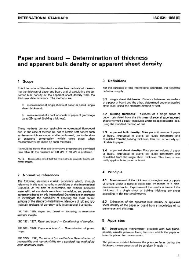 ISO 534:1988 - Paper and board -- Determination of thickness and apparent bulk density or apparent sheet density