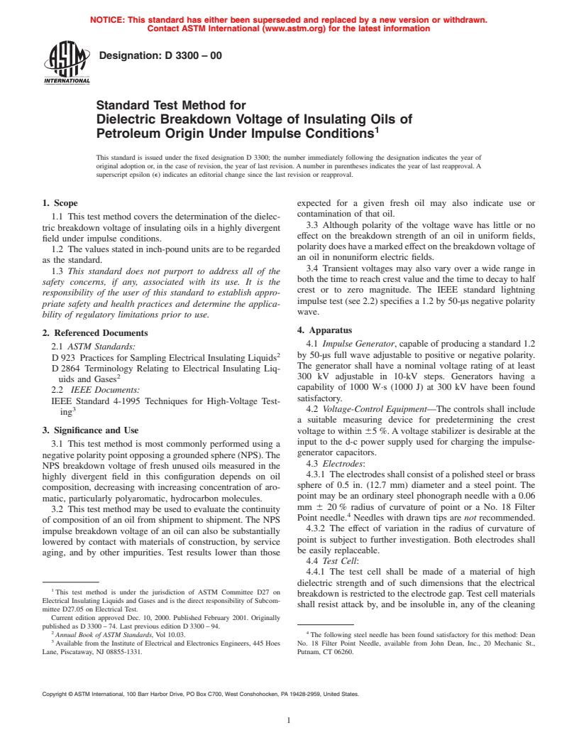 ASTM D3300-00 - Standard Test Method for Dielectric Breakdown Voltage of Insulating Oils of Petroleum Origin Under Impulse Conditions