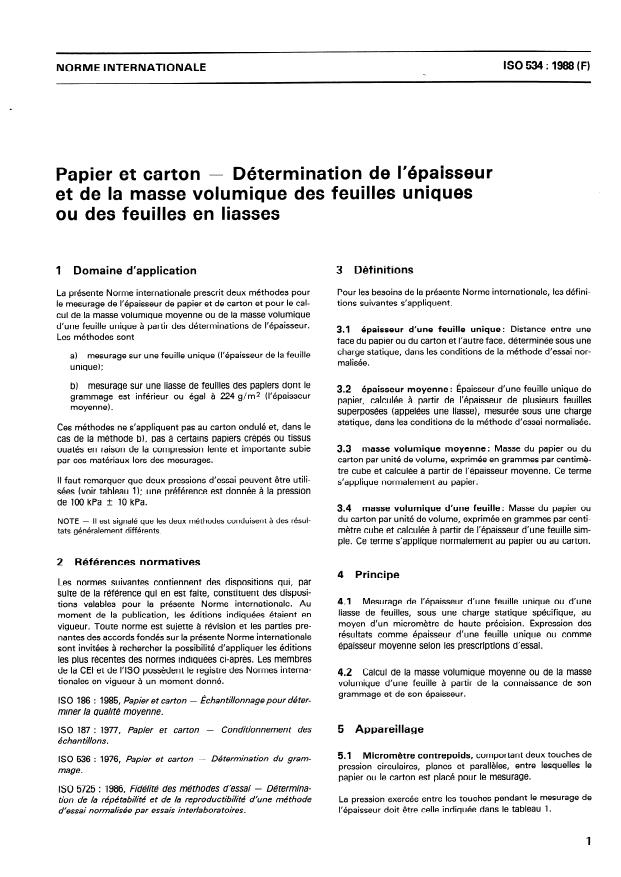 ISO 534:1988 - Papier et carton -- Détermination de l'épaisseur et de la masse volumique des feuilles uniques ou des feuilles en liasses