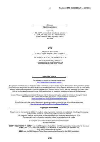 SIST EN 303 339 V1.1.1:2016 ETSI EN 303 339 V1.1.0 (2016-04) - Broadband Direct Air-to-Ground Communications; Equipment operating in the 1 900 MHz to 1 920 MHz and 5 855 MHz to 5 875 MHz frequency bands; Fixed pattern antennas; Harmonised Standard covering the essential requirements of article 3.2 of Directive 2014/53/EU - Page 2 preview