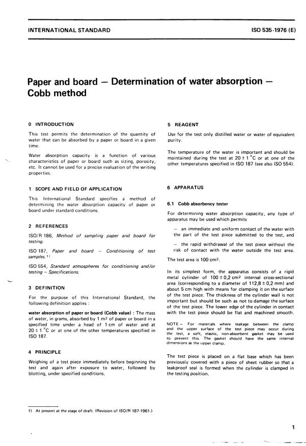 ISO 535:1976 - Paper and board -- Determination of water absorption -- Cobb method