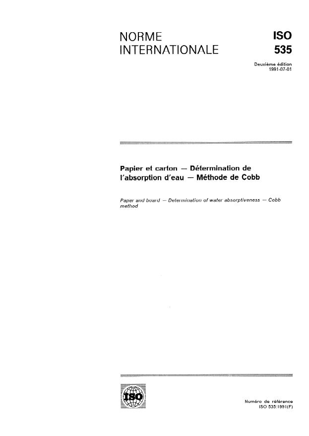 ISO 535:1991 - Papier et carton -- Détermination de l'absorption d'eau -- Méthode de Cobb