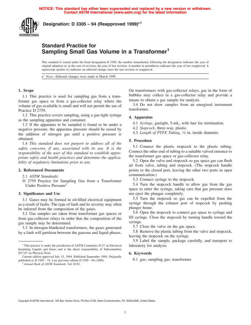 ASTM D3305-94(1999)e1 - Standard Practice for Sampling Small Gas Volume in a Transformer