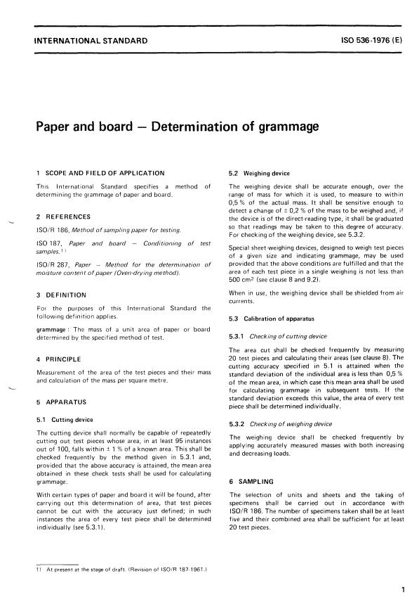 ISO 536:1976 - Paper and board -- Determination of grammage