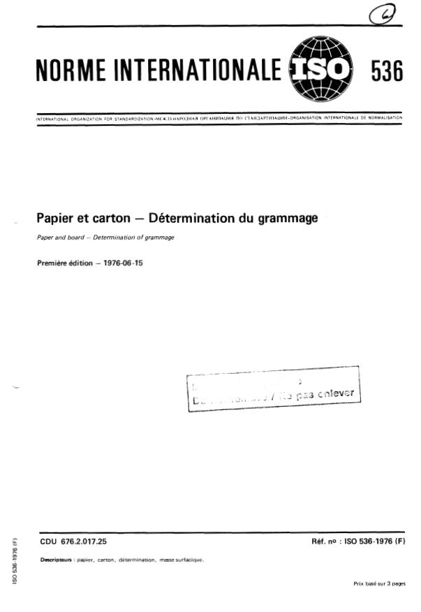 ISO 536:1976 - Papier et carton -- Détermination du grammage