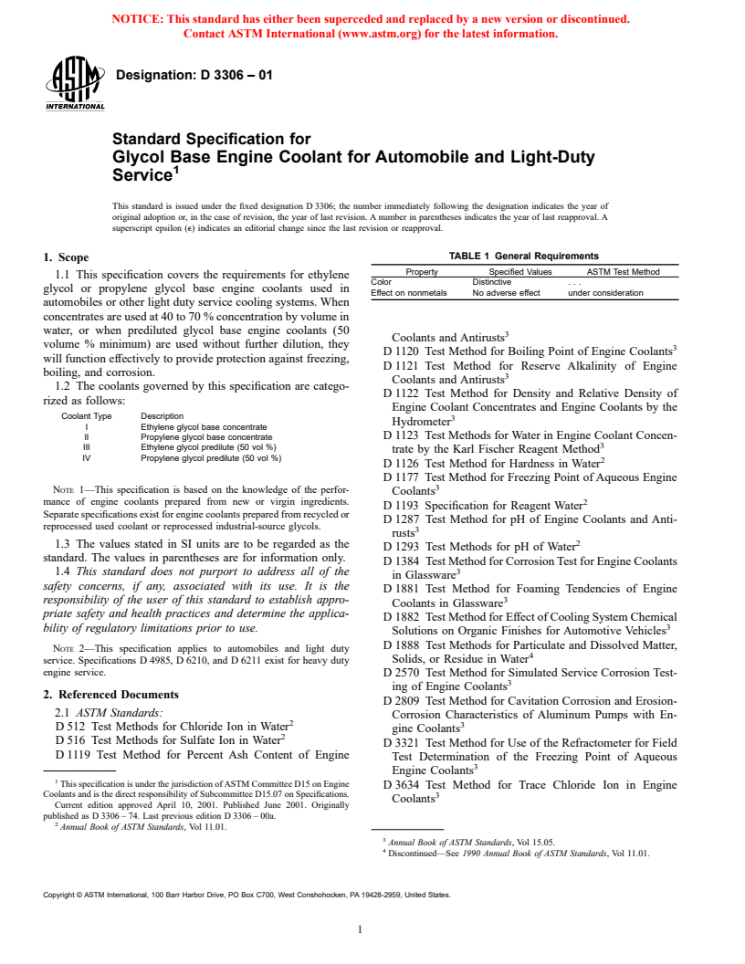 ASTM D3306-01 - Standard Specification for Glycol Base Engine Coolant for Automobile and Light-Duty Service