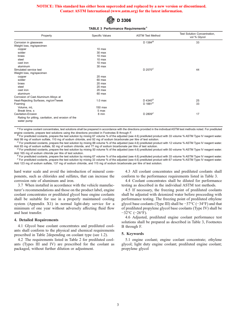 ASTM D3306-01 - Standard Specification for Glycol Base Engine Coolant for Automobile and Light-Duty Service