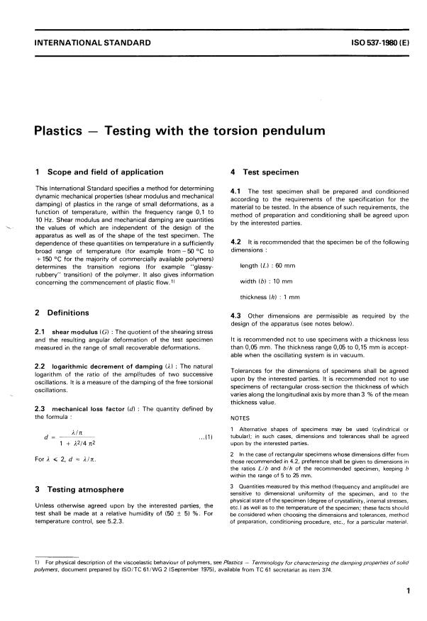 ISO 537:1980 - Plastics -- Testing with the torsion pendulum