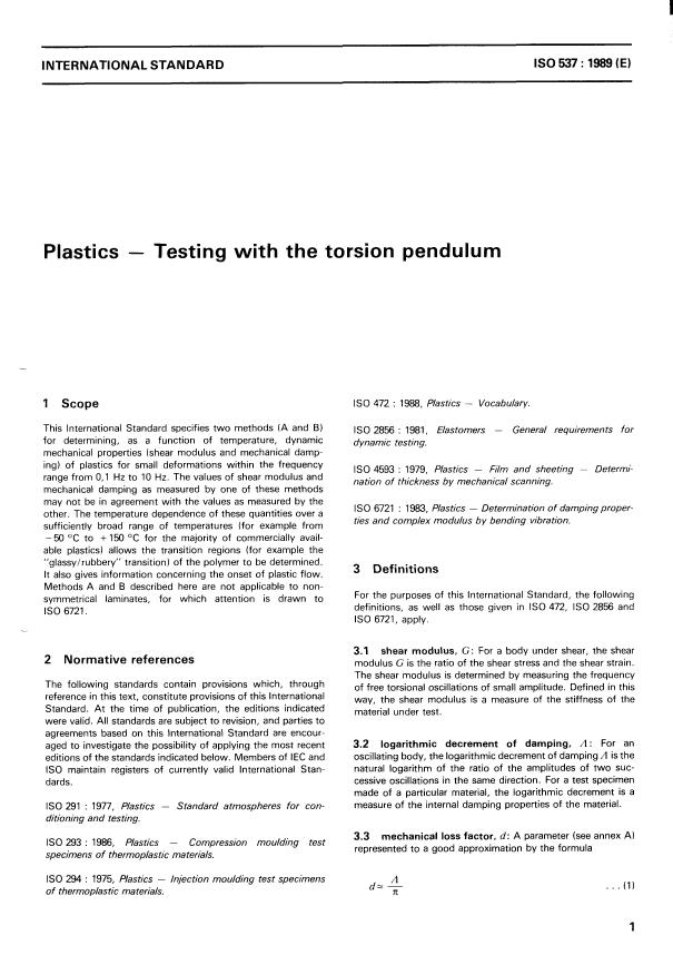 ISO 537:1989 - Plastics -- Testing with the torsion pendulum