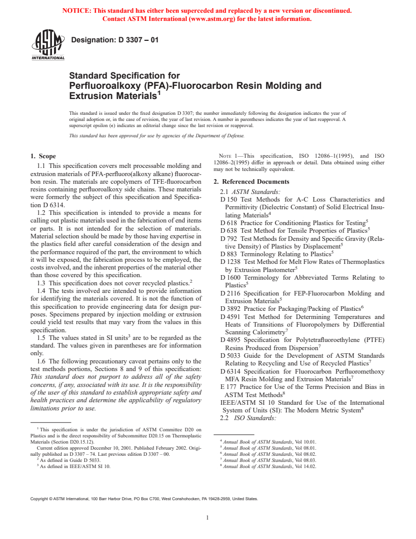 ASTM D3307-01 - Standard Specification for Perfluoroalkoxy (PFA)-Fluorocarbon Resin Molding and Extrusion Materials