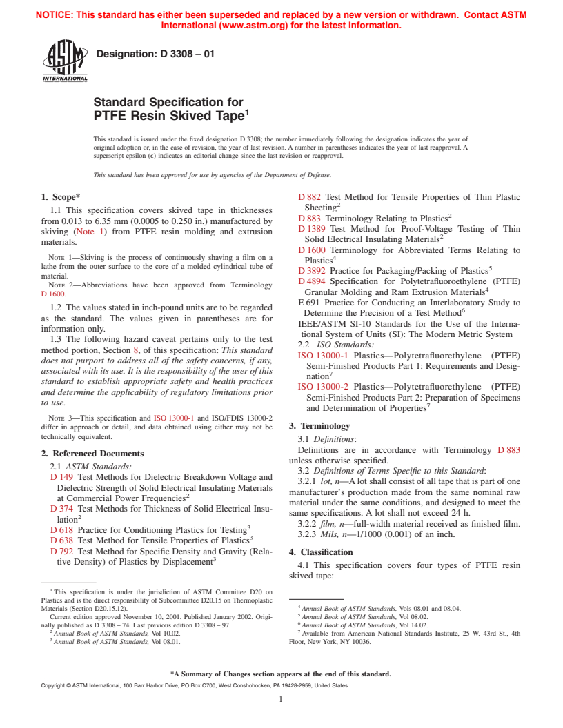 ASTM D3308-01 - Standard Specification for PTFE Resin Skived Tape