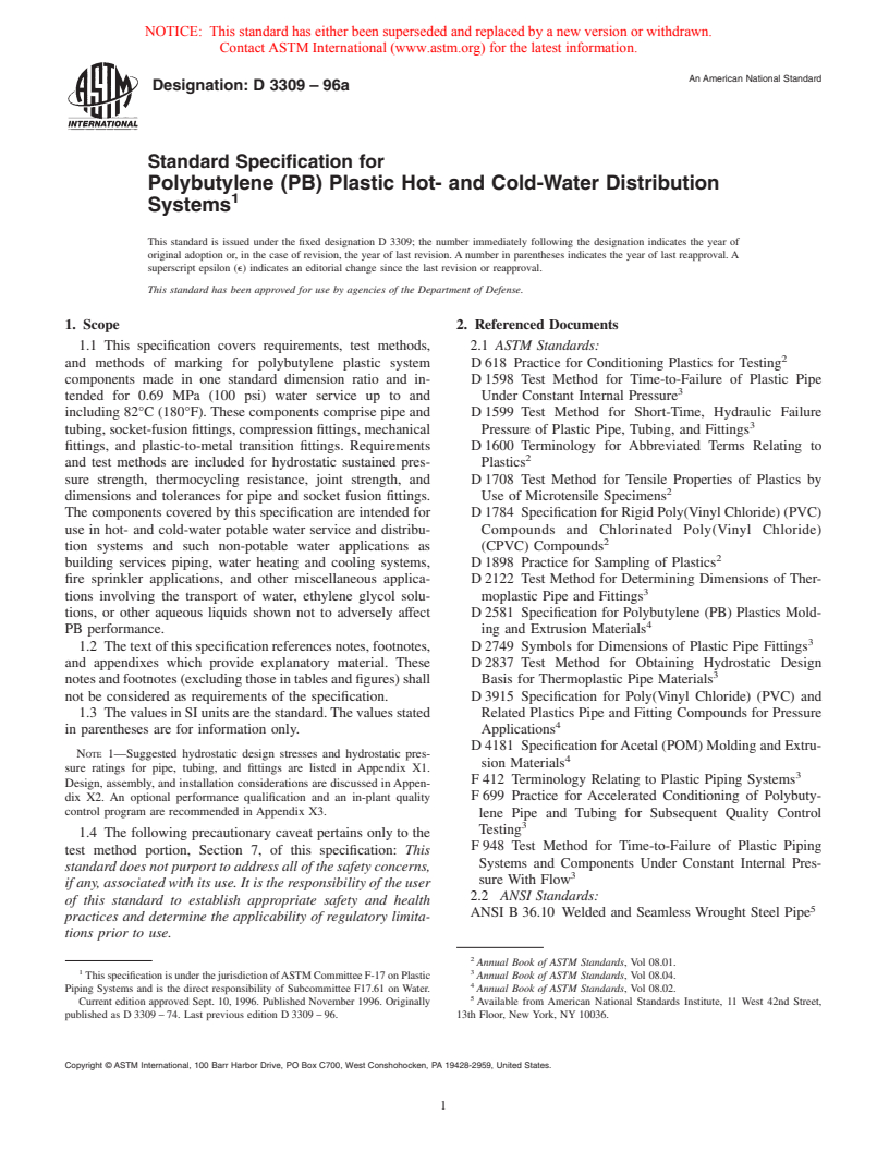 ASTM D3309-96a - Standard Specification for Polybutylene (PB) Plastic Hot- and Cold-Water Distribution Systems