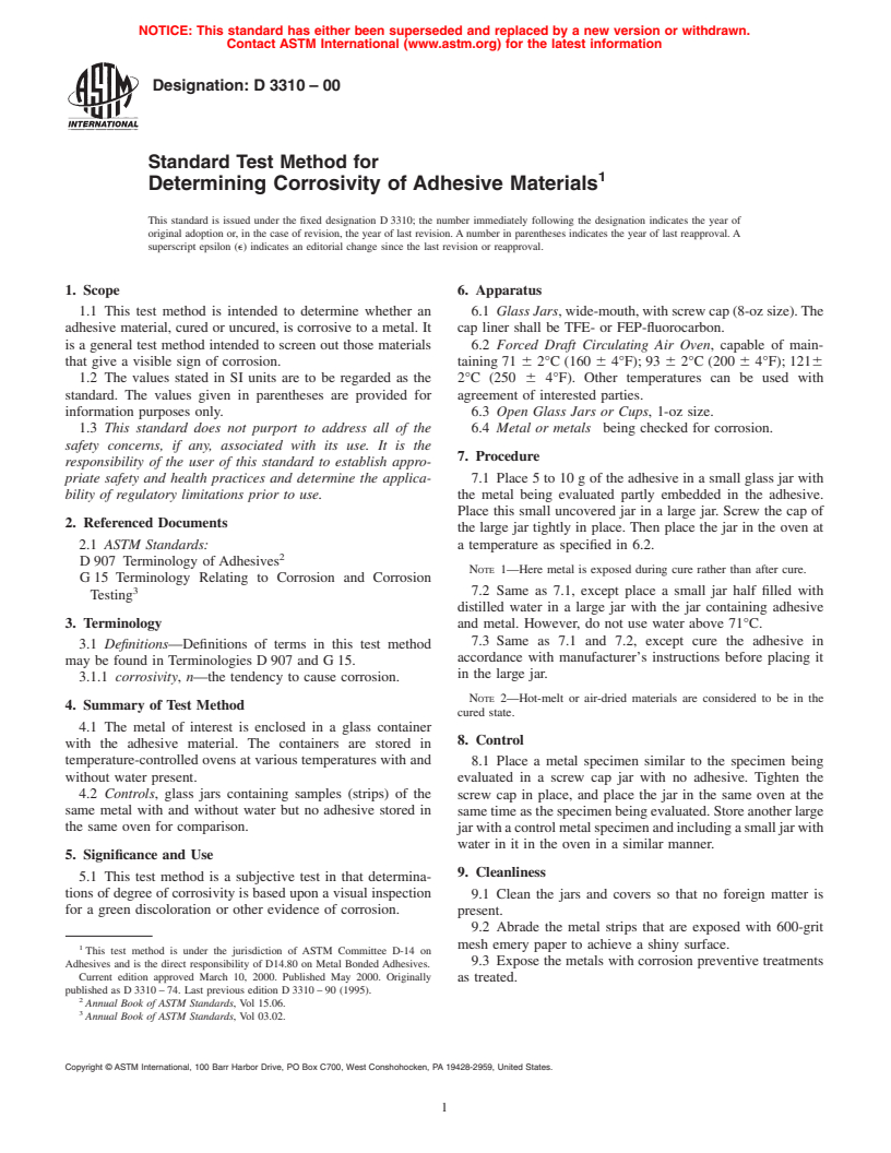 ASTM D3310-00 - Standard Test Method for Determining Corrosivity of Adhesive Materials