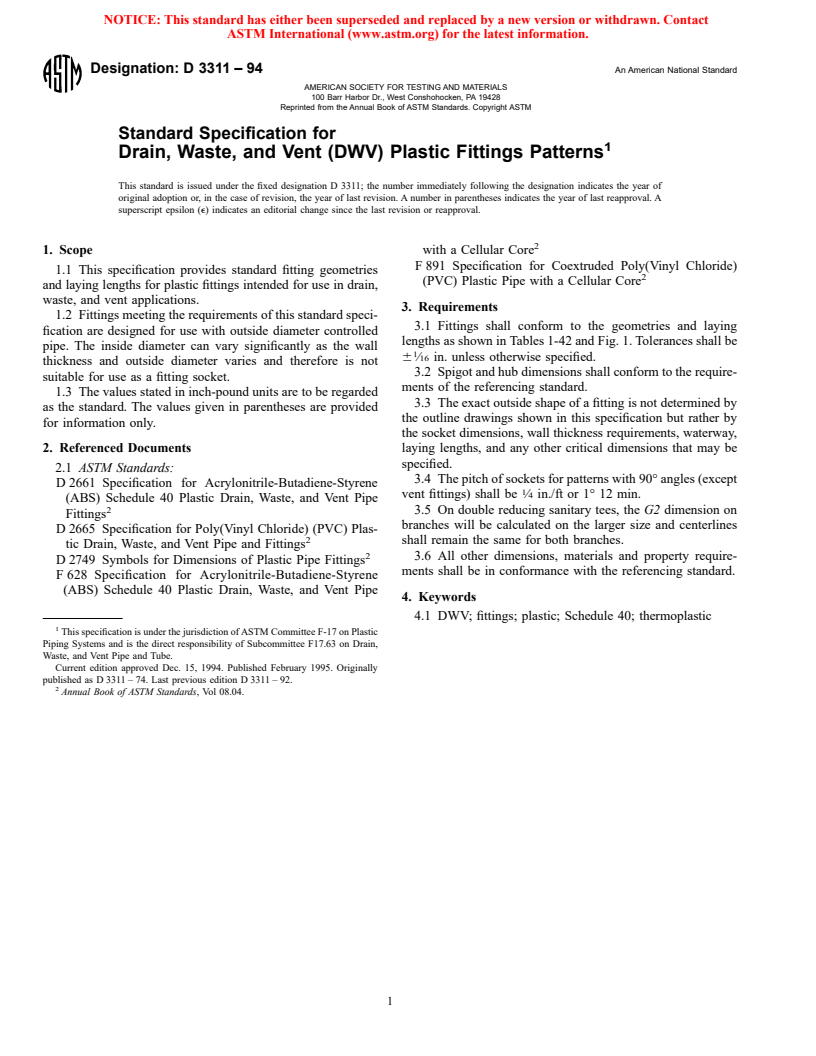 ASTM D3311-94 - Standard Specification for Drain, Waste, and Vent (DWV) Plastic Fittings Patterns