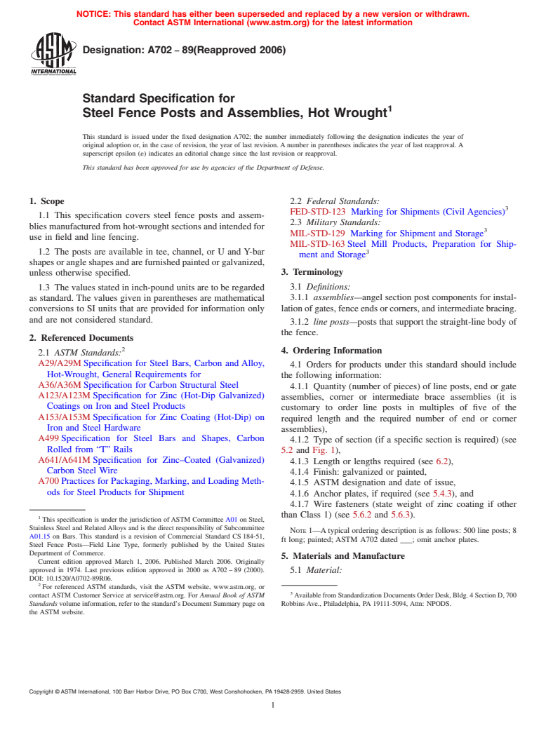 ASTM A702-89(2006) - Standard Specification for Steel Fence Posts and Assemblies, Hot Wrought