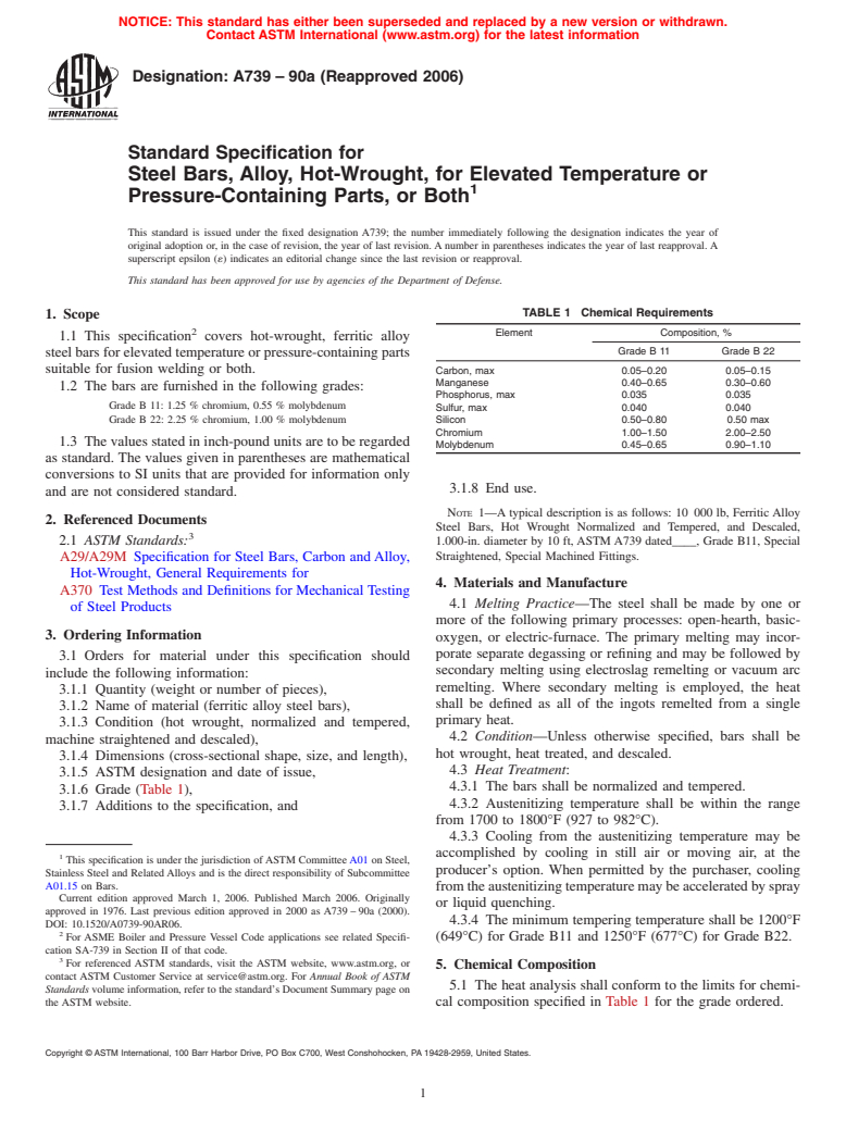 ASTM A739-90a(2006) - Standard Specification for Steel Bars, Alloy, Hot-Wrought, for Elevated Temperature or Pressure-Containing Parts, or Both