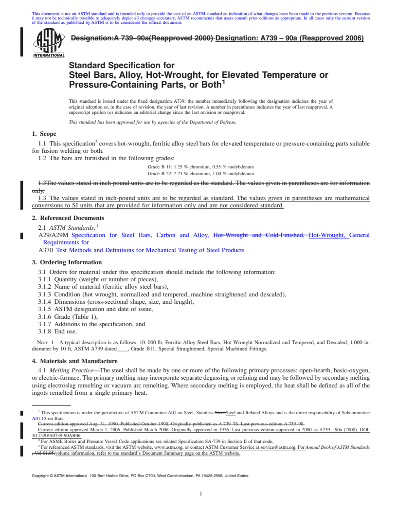 REDLINE ASTM A739-90a(2006) - Standard Specification for Steel Bars, Alloy, Hot-Wrought, for Elevated Temperature or Pressure-Containing Parts, or Both