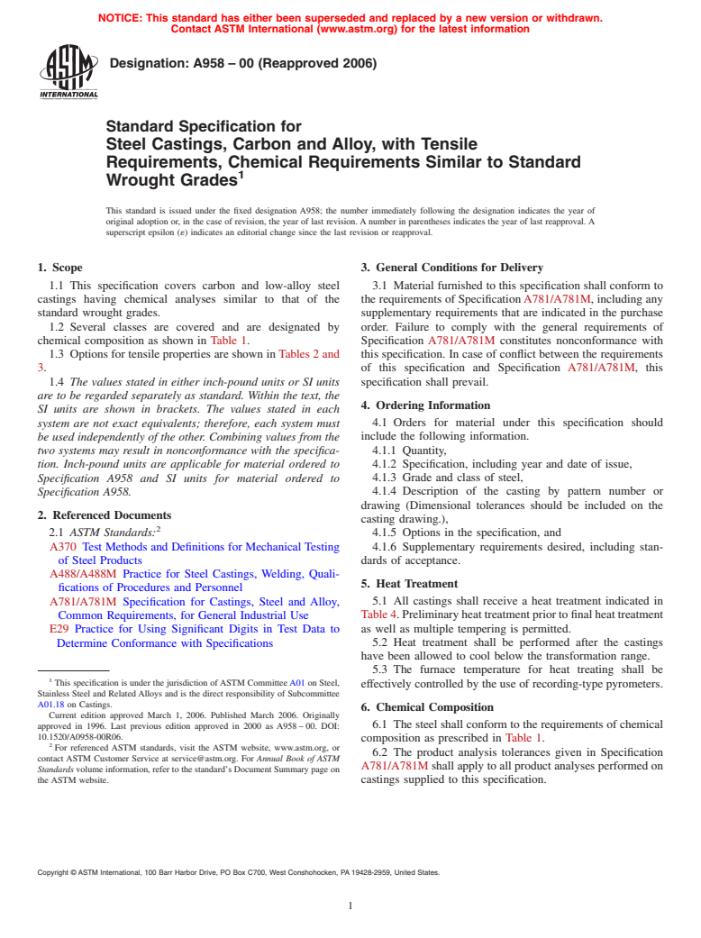 ASTM A958-00(2006) - Standard Specification for Steel Castings, Carbon and Alloy, with Tensile Requirements, Chemical Requirements Similar to Standard Wrought Grades