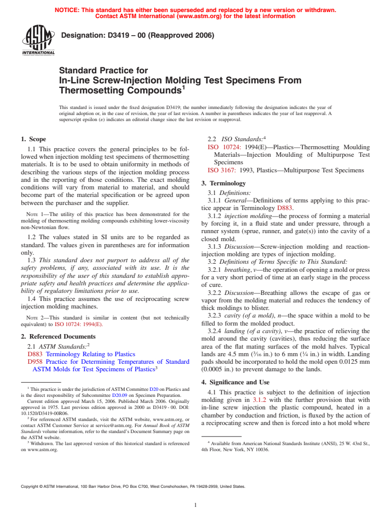 ASTM D3419-00(2006) - Standard Practice for In-Line Screw-Injection Molding Test Specimens From Thermosetting Compounds