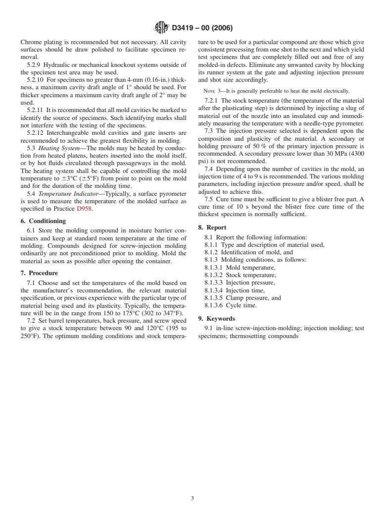 ASTM D3419-00(2006) - Standard Practice for In-Line Screw-Injection Molding Test Specimens From Thermosetting Compounds