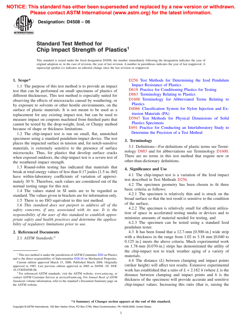 ASTM D4508-06 - Standard Test Method for Chip Impact Strength of Plastics