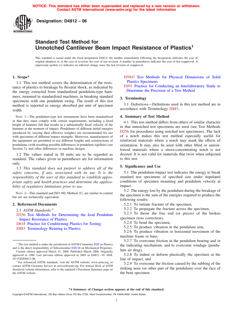 ASTM D4812-06 - Standard Test Method for Unnotched Cantilever Beam Impact Resistance of Plastics