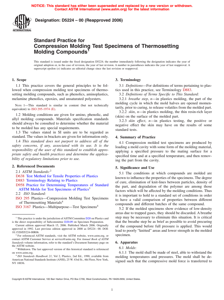 ASTM D5224-00(2006) - Standard Practice for Compression Molding Test Specimens of Thermosetting Molding Compounds