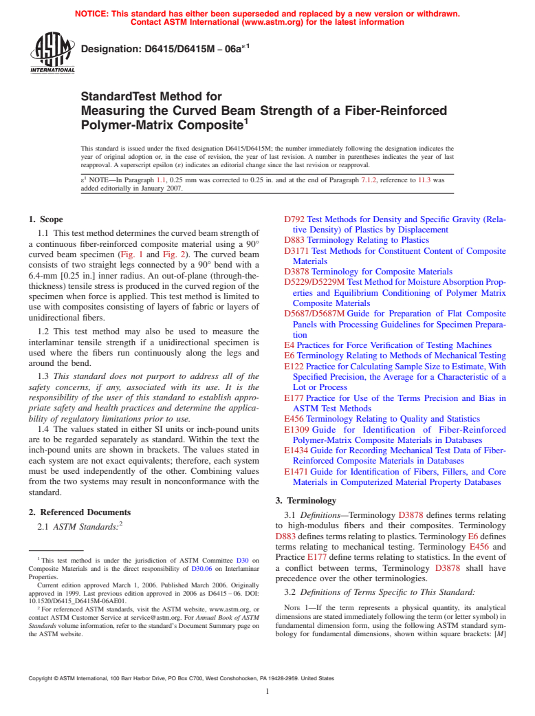 ASTM D6415/D6415M-06ae1 - Standard Test Method for Measuring the Curved Beam Strength of a Fiber-Reinforced Polymer-Matrix Composite