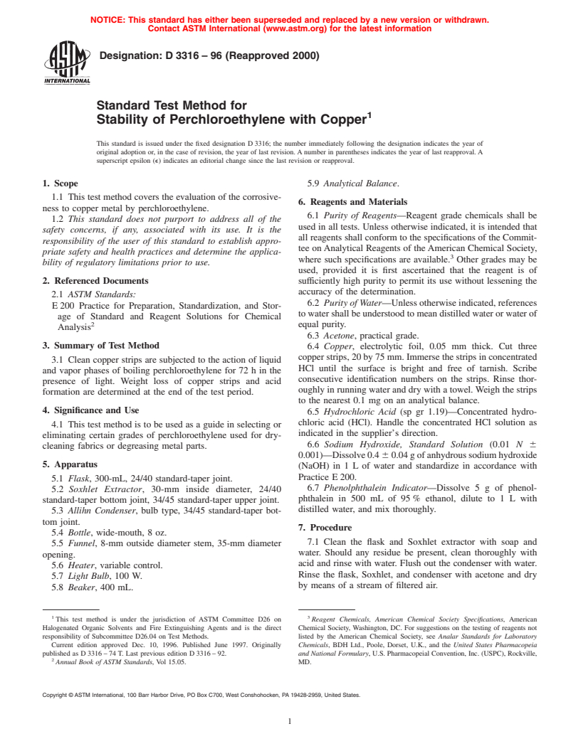 ASTM D3316-96(2000) - Standard Test Method for Stability of Perchloroethylene with Copper