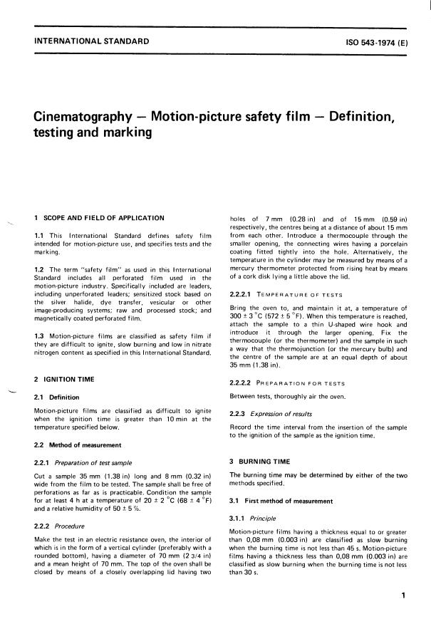 ISO 543:1974 - Cinematography -- Motion-picture safety film -- Definition, testing and marking