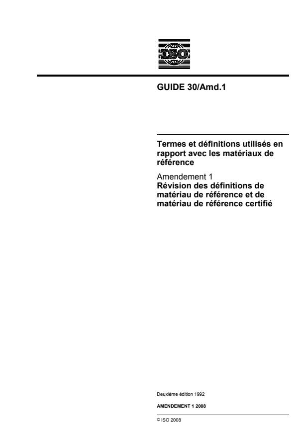 ISO Guide 30:1992/Amd 1:2008 - Révision des définitions de matériau de référence et de matériau de référence certifié