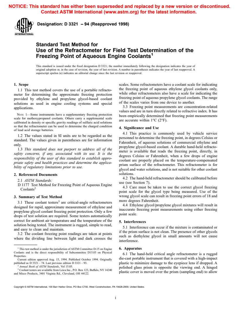 ASTM D3321-94(1998) - Standard Test Method for Use of the Refractometer for Field Test Determination of the Freezing Point of Aqueous Engine Coolants