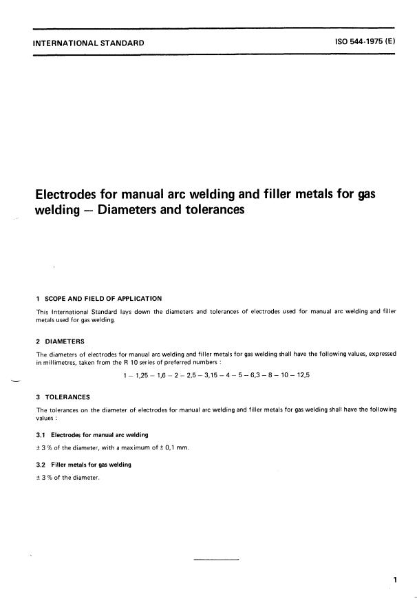 ISO 544:1975 - Electrodes for manual arc welding and filler metals for gas welding -- Diameters and tolerances