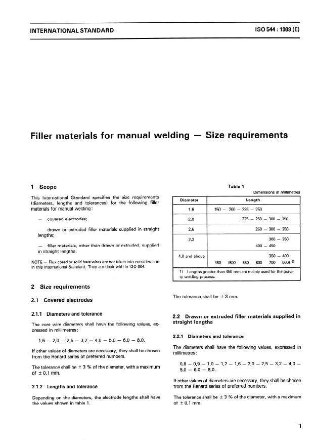 ISO 544:1989 - Filler materials for manual welding -- Size requirements