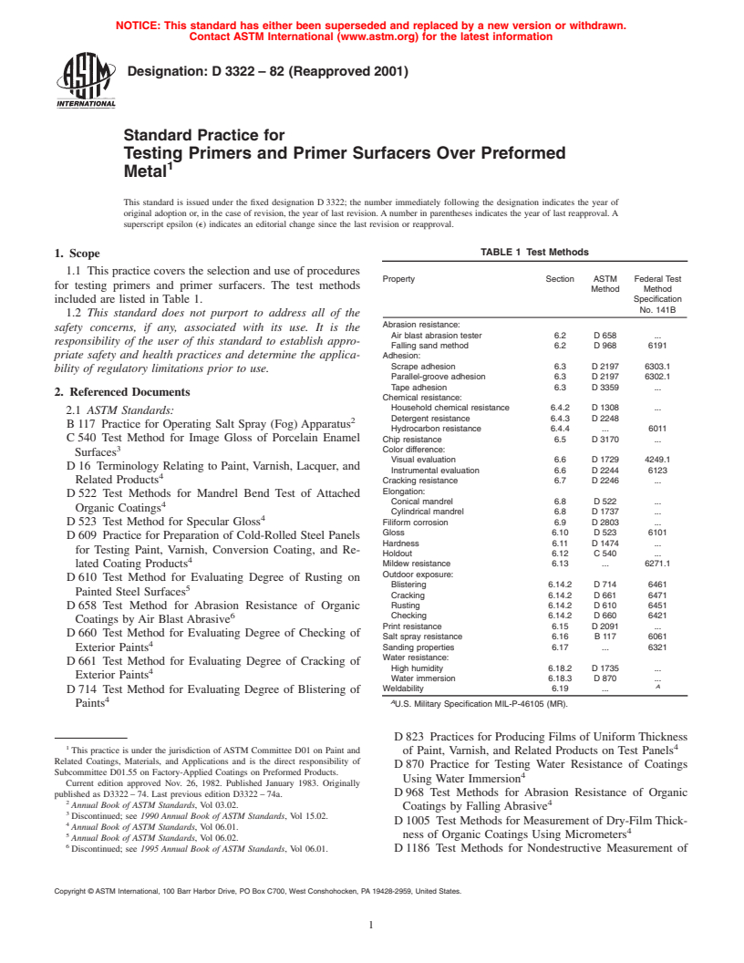 ASTM D3322-82(2001) - Standard Practice for Testing Primers and Primer Surfacers Over Preformed Metal