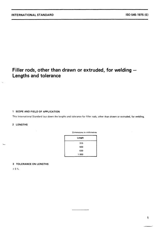 ISO 545:1975 - Filler rods, other than drawn or extruded, for welding -- Lengths and tolerance