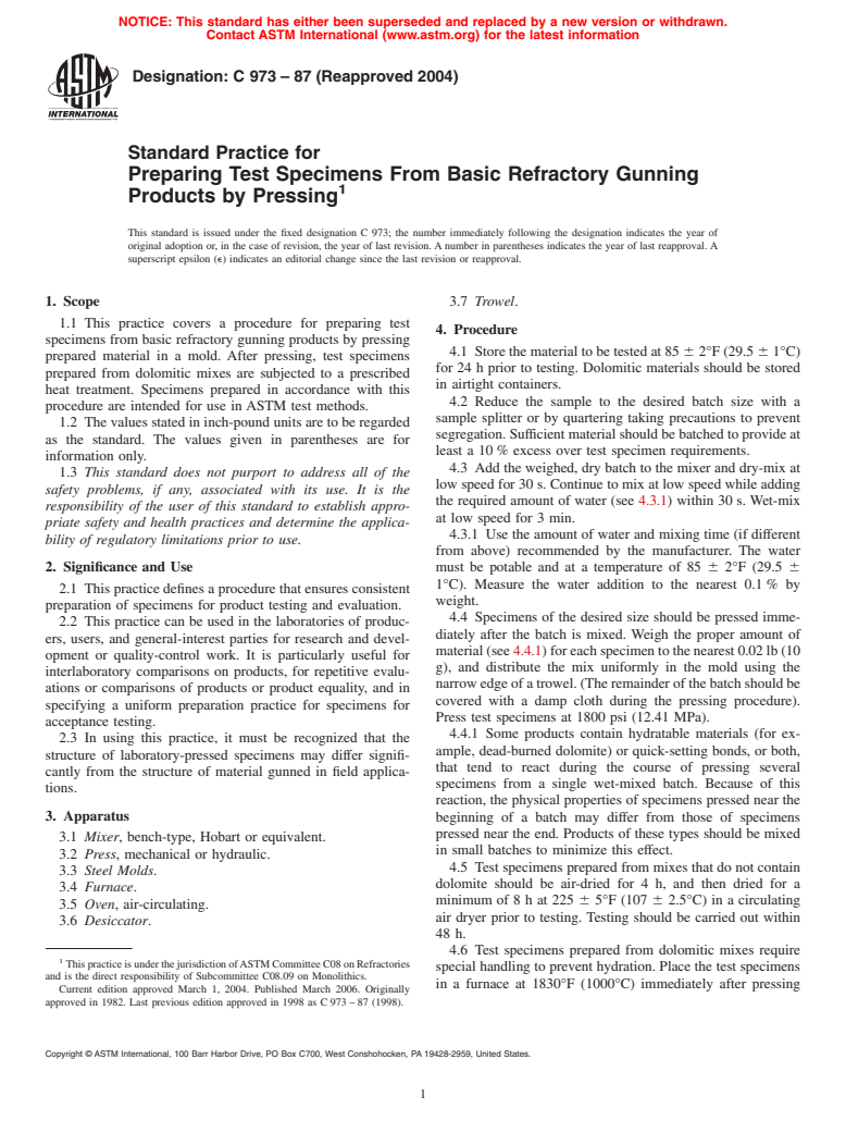 ASTM C973-87(2004) - Standard Practice for Preparing Test Specimens From Basic Refractory Gunning Products by Pressing