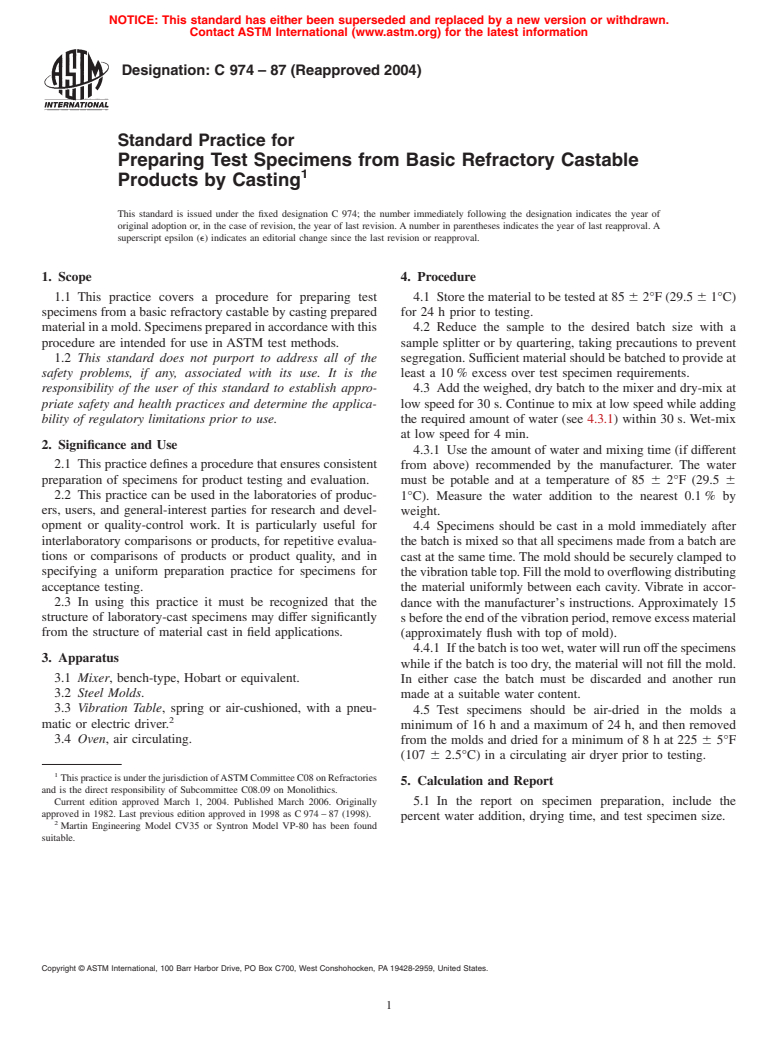 ASTM C974-87(2004) - Standard Practice for Preparing Test Specimens from Basic Refractory Castable Products by Casting